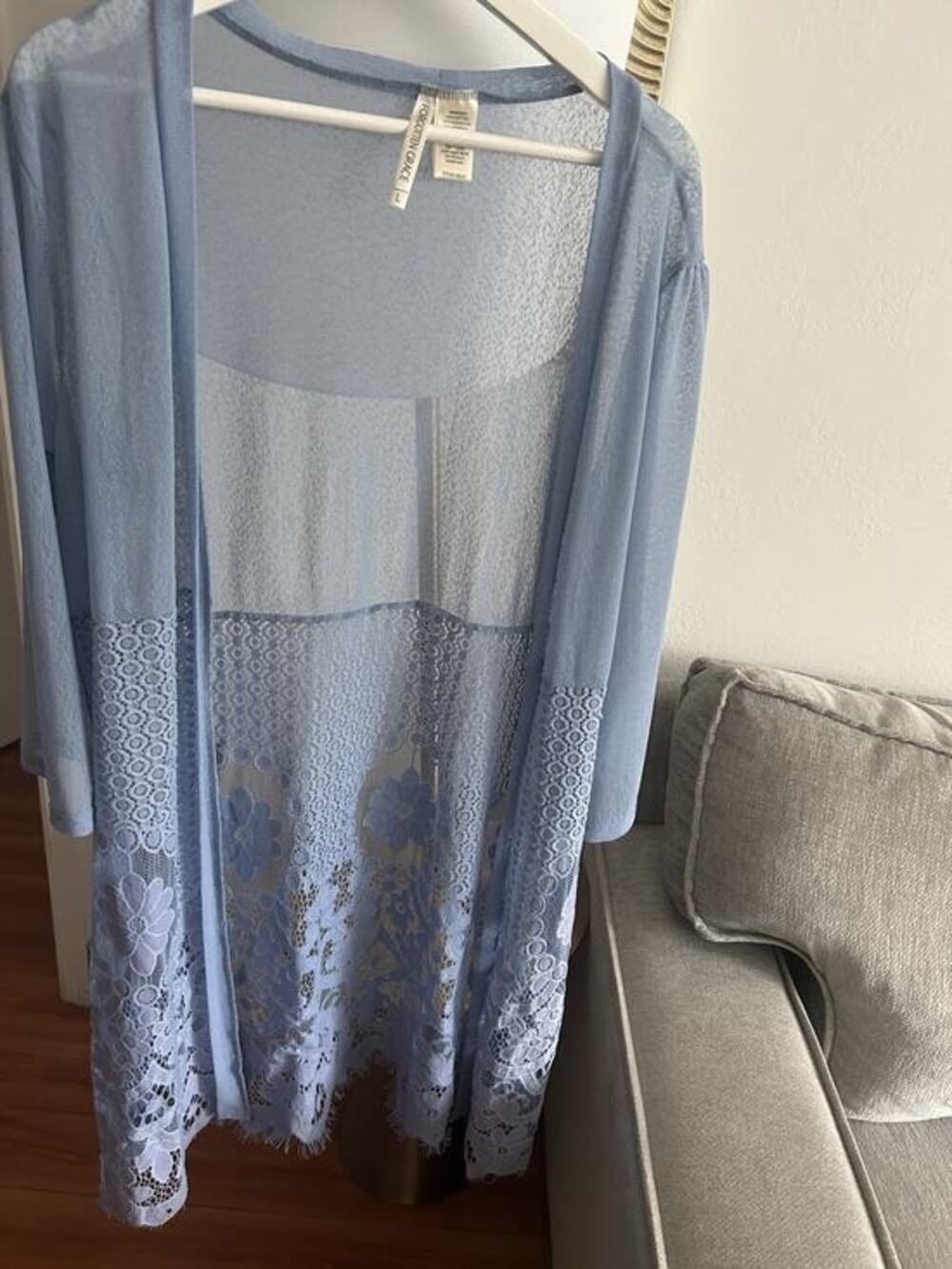 Crochet Lace Blue Kimono Duster LFemenne Floral Boho Festiva Sheer